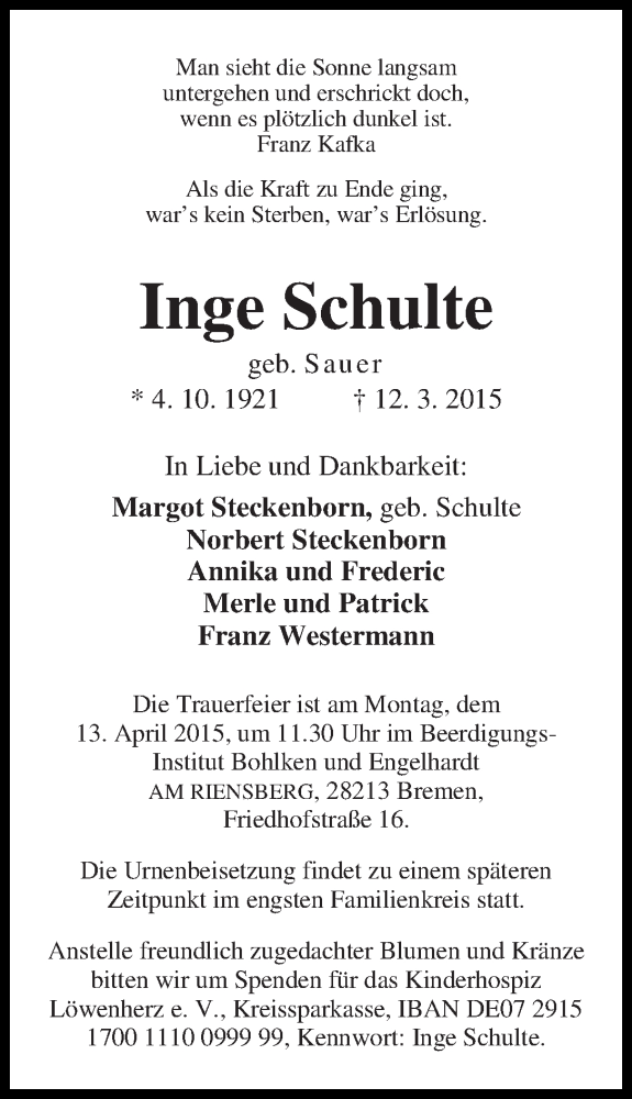 Traueranzeige von Inge Schulte von WESER-KURIER