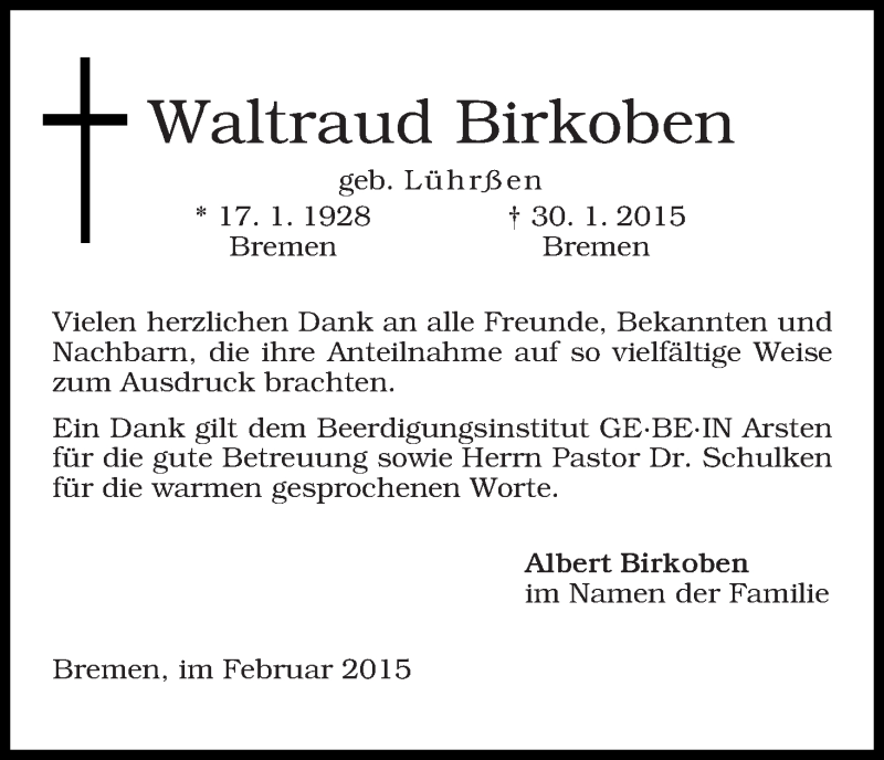Traueranzeige von Waltraud Birkoben von WESER-KURIER