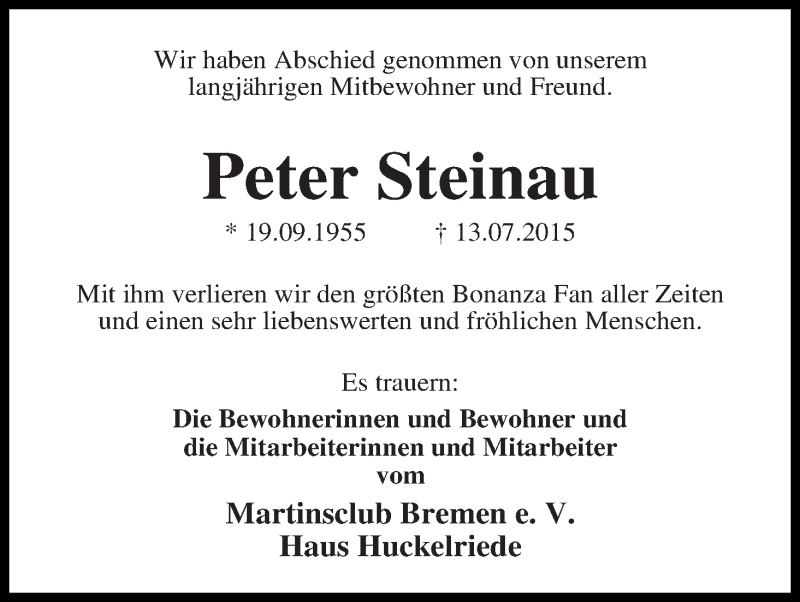 Traueranzeige von Peter Steinau von WESER-KURIER