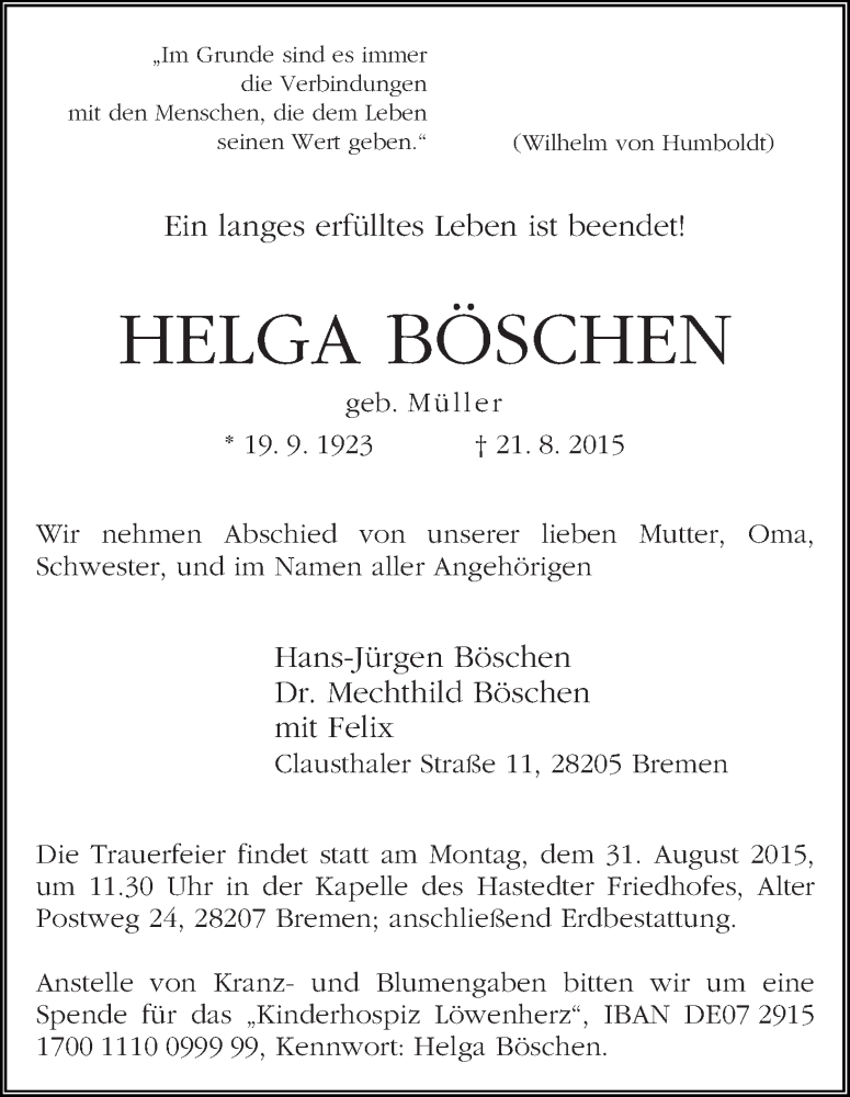 Traueranzeige von Helga Böschen von WESER-KURIER