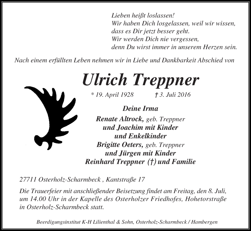 Traueranzeige von Ulrich Treppner von Osterholzer Kreisblatt