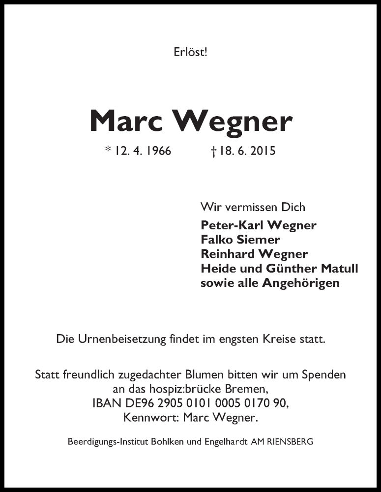 Traueranzeige von Marc Wegner von WESER-KURIER
