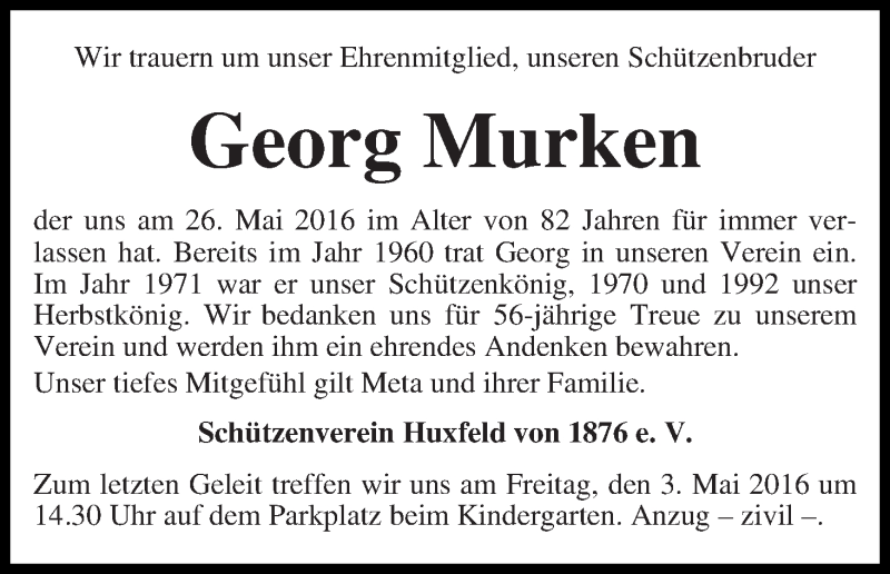 Traueranzeige von Georg Murken von Wuemme Zeitung