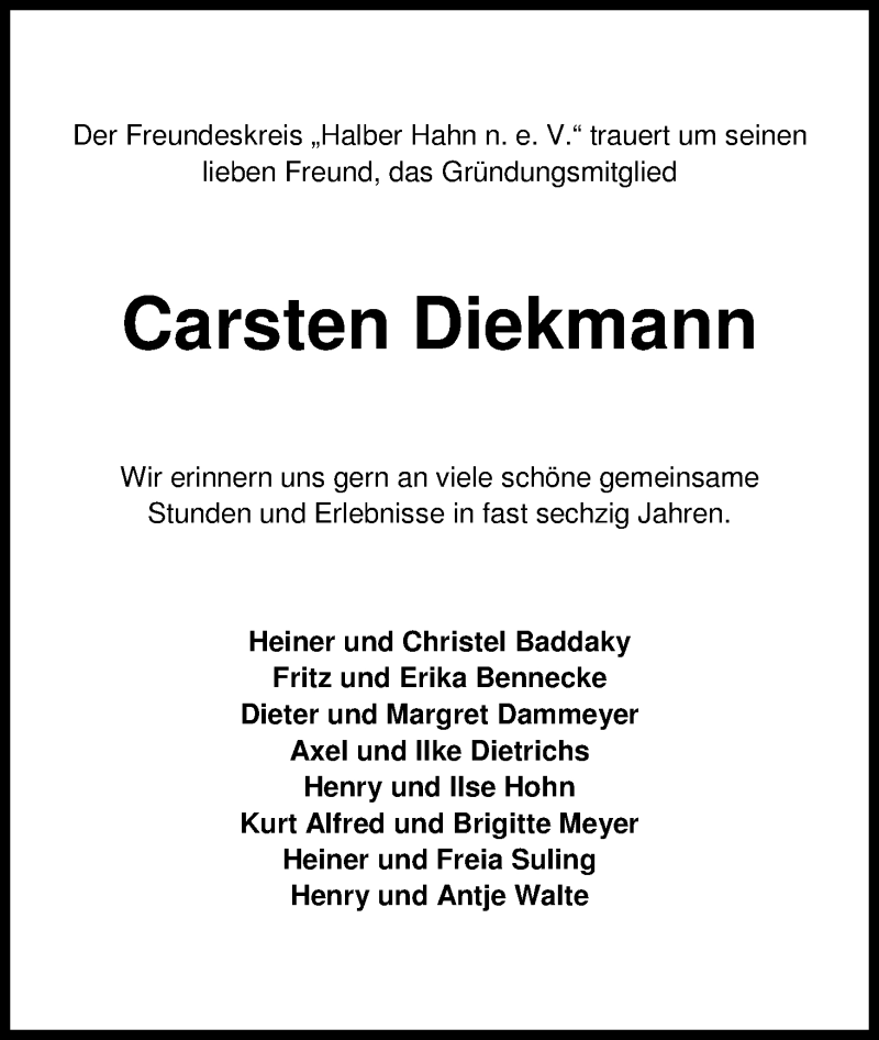 Traueranzeige von Carsten Diekmann von WESER-KURIER