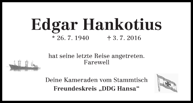Traueranzeige von Edgar Hankotius von WESER-KURIER