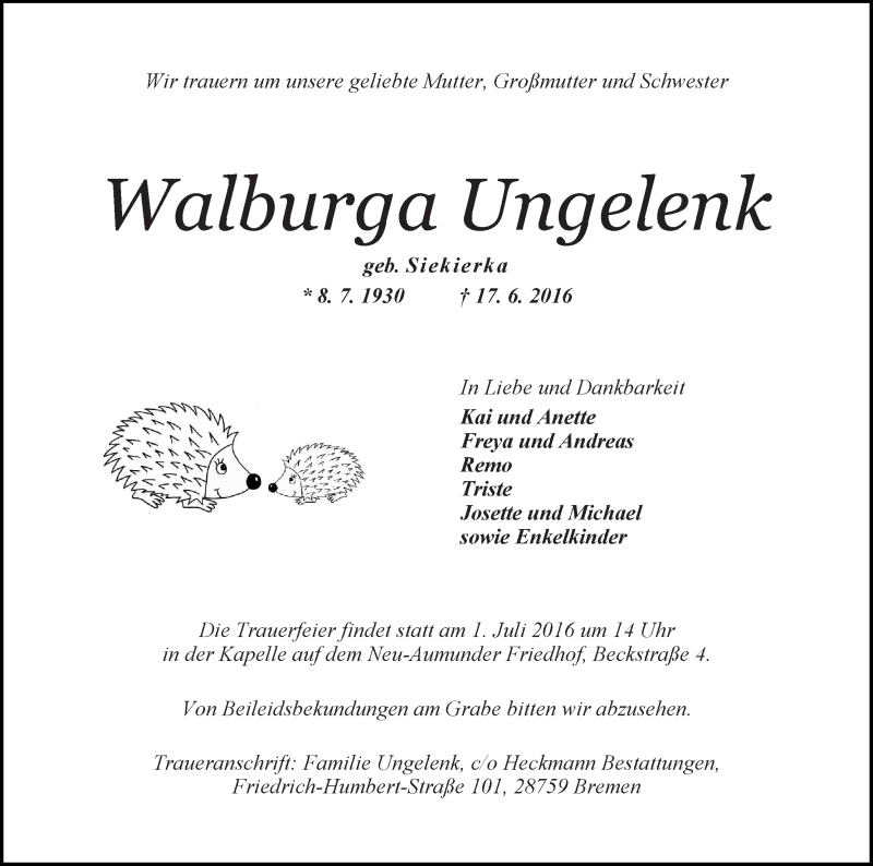 Traueranzeige von Walburga Ungelenk von Die Norddeutsche