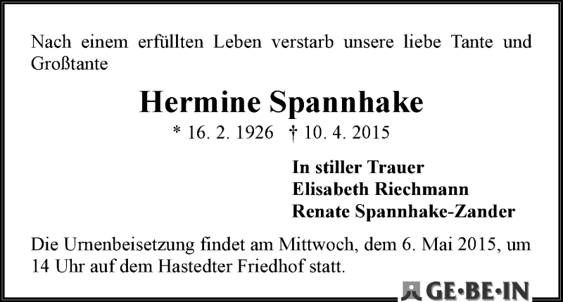 Traueranzeige von Hermine Spannhake von WESER-KURIER