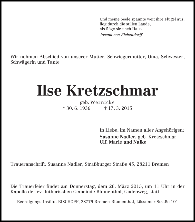 Traueranzeige von Ilse Kretzschmar von Die Norddeutsche