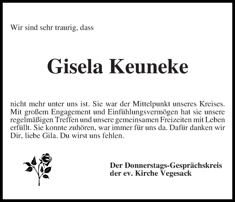 Traueranzeige von Gisela Keuneke von Die Norddeutsche