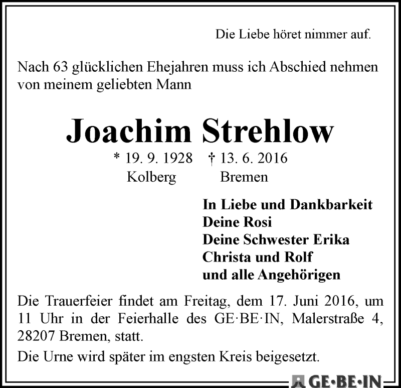 Traueranzeige von Joachim Strehlow von WESER-KURIER