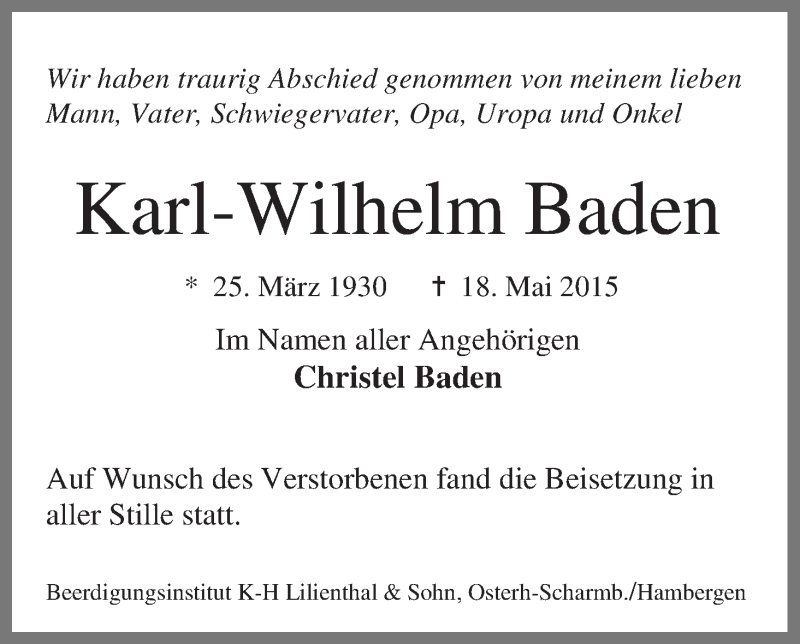 Traueranzeige von Karl-Wilhelm Baden von Osterholzer Kreisblatt