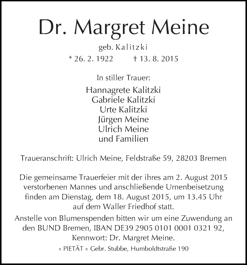 Traueranzeige von Margret Meine von WESER-KURIER