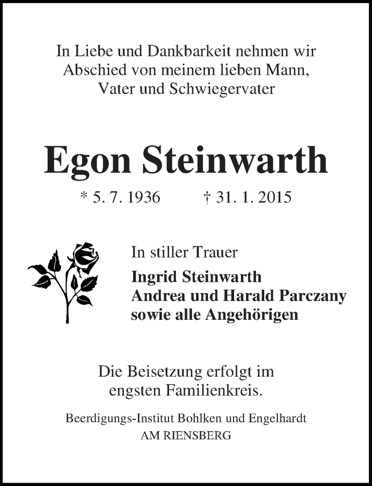 Traueranzeige von Egon Steinwarth von WESER-KURIER