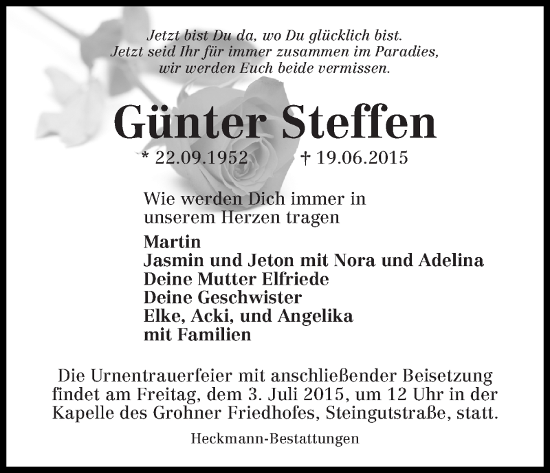 Traueranzeige von Günter Steffen von Die Norddeutsche