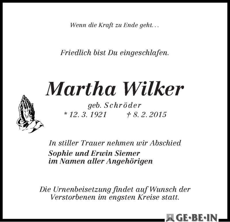 Traueranzeige von Martha Wilker von WESER-KURIER