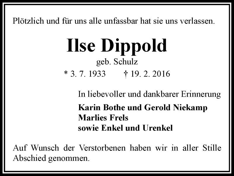 Traueranzeige von Ilse Dippold von WESER-KURIER