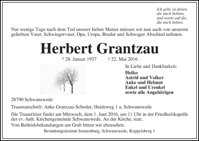 Traueranzeige von Herbert Grantzau von Die Norddeutsche