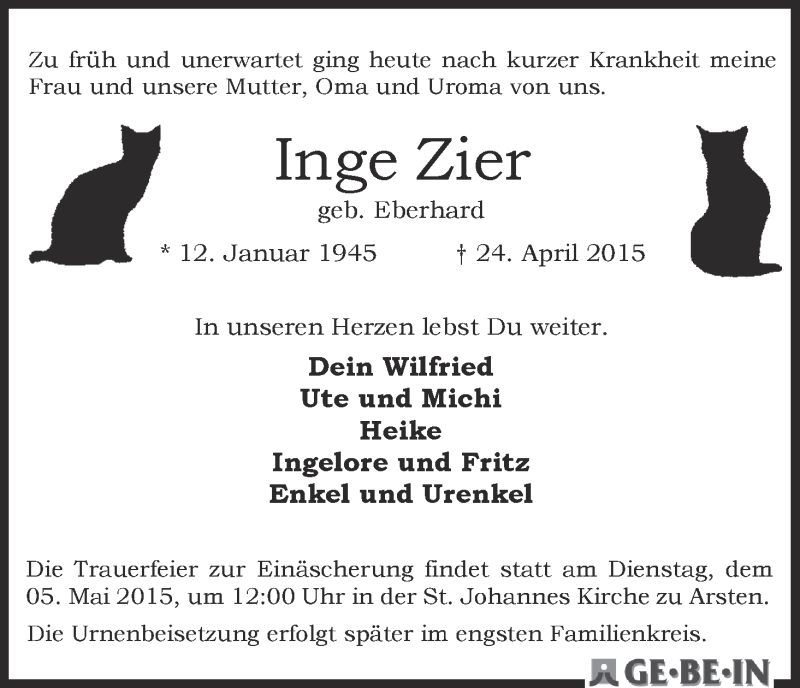 Traueranzeige von Inge Zier von WESER-KURIER