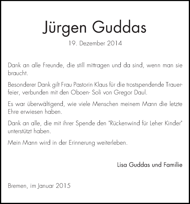 Traueranzeige von Jürgen Guddas von WESER-KURIER
