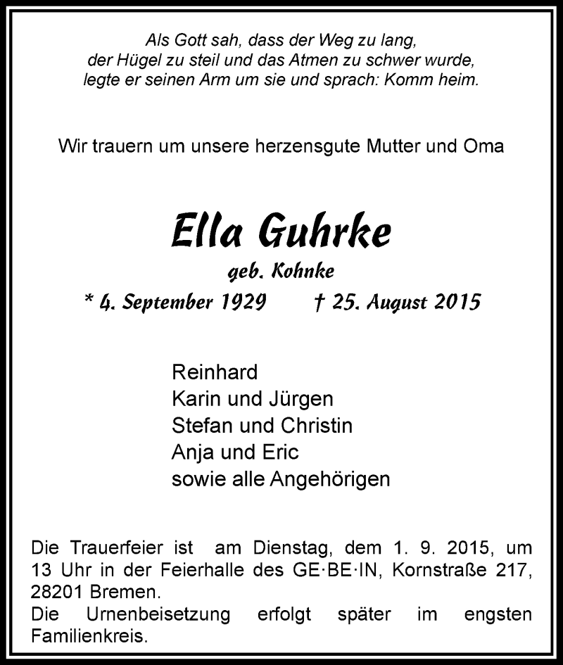 Traueranzeige von Ella Guhrke von WESER-KURIER
