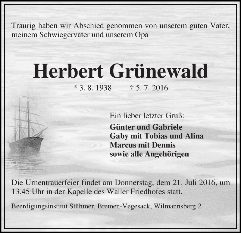 Traueranzeige von Herbert Grünewald von WESER-KURIER