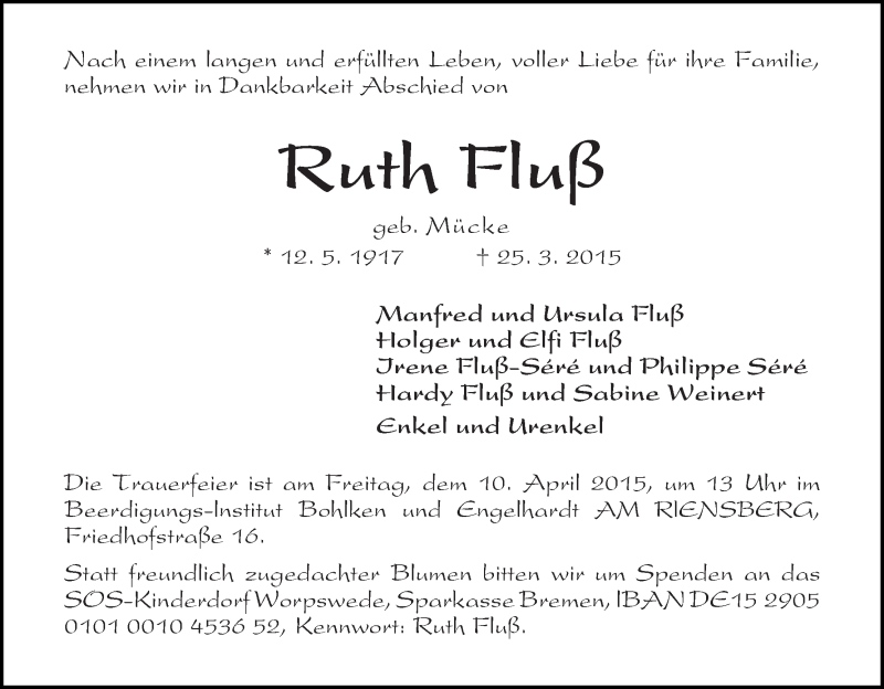 Traueranzeige von Ruth Fluß von WESER-KURIER