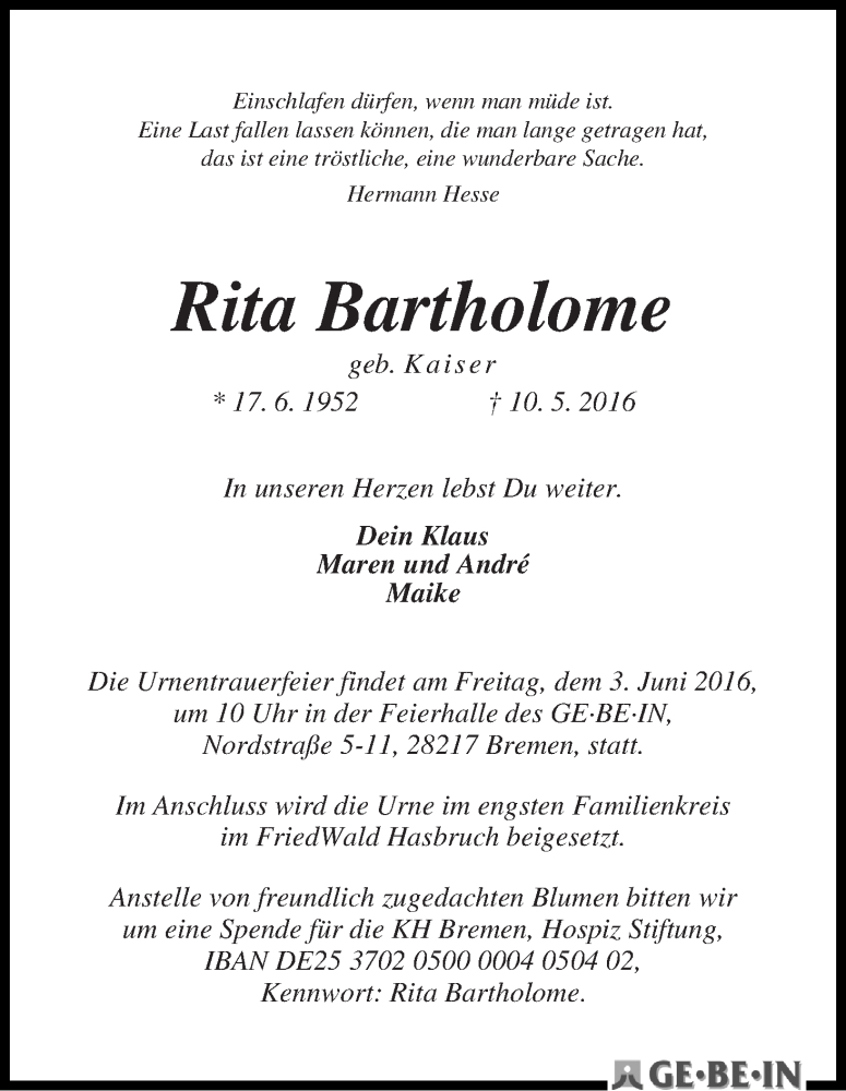 Traueranzeige von Rita Bartholome von WESER-KURIER