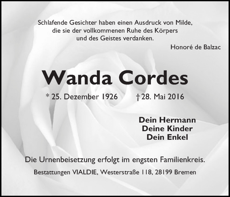Traueranzeige von Wanda Cordes von WESER-KURIER