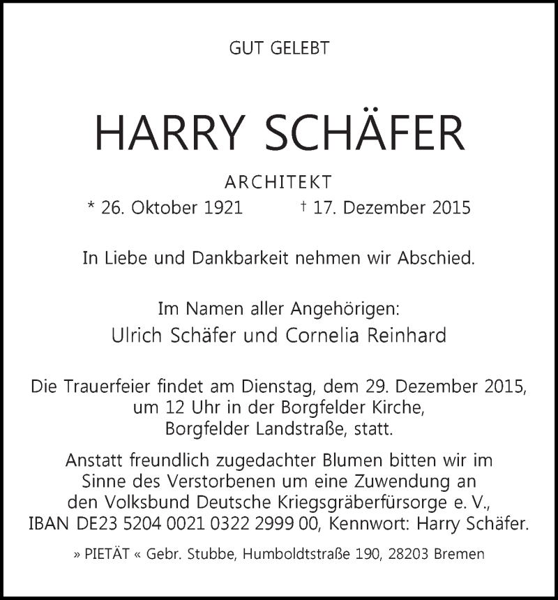 Traueranzeige von Harry Schäfer von Wuemme Zeitung