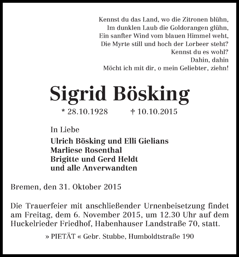 Traueranzeige von Sigrid Bösking von WESER-KURIER