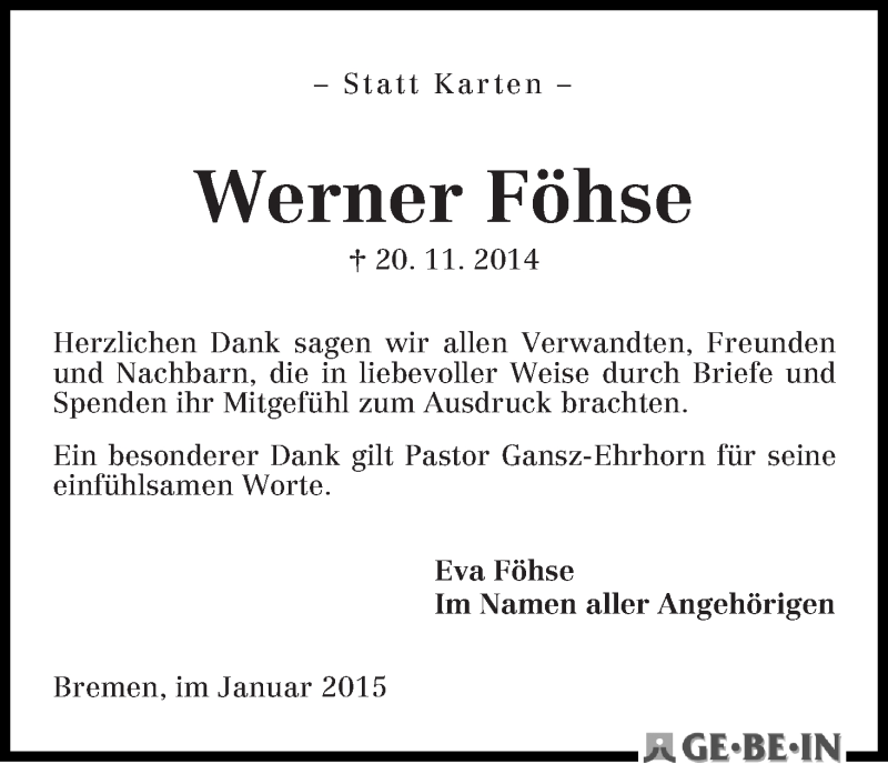 Traueranzeige von Werner Föhse von WESER-KURIER
