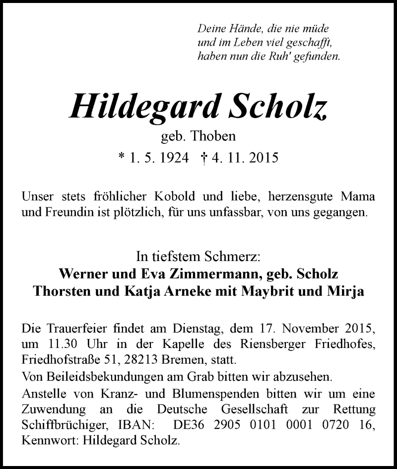 Traueranzeige von Hildegard Scholz von WESER-KURIER