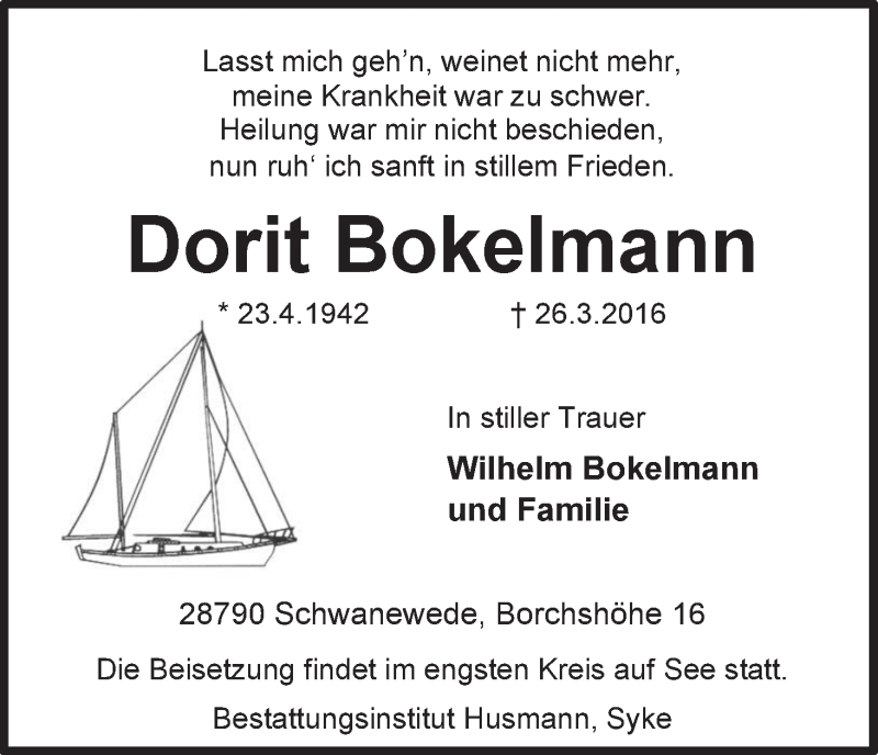 Traueranzeige von Dorit Bokelmann von Wuemme Zeitung