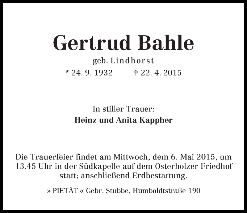 Traueranzeige von Gertrud Bahle von WESER-KURIER