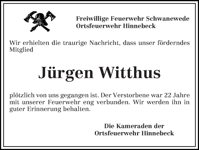 Traueranzeige von Jürgen Witthus von Die Norddeutsche
