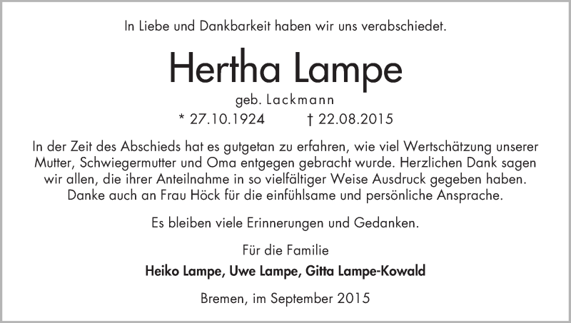 Traueranzeige von Hertha Lampe von WESER-KURIER