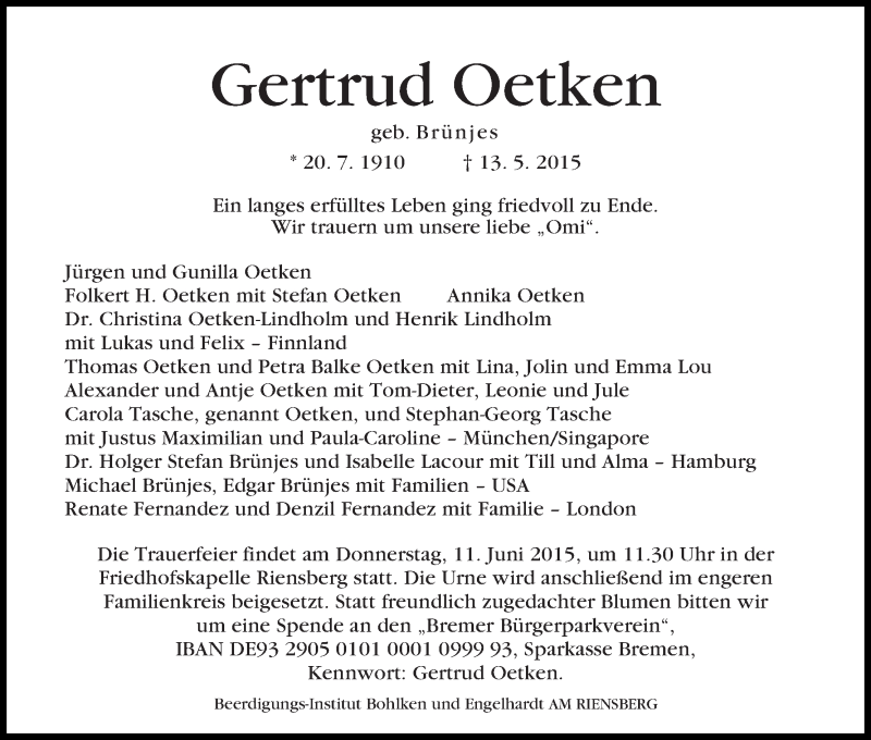 Traueranzeige von Gertrud Oetken von WESER-KURIER