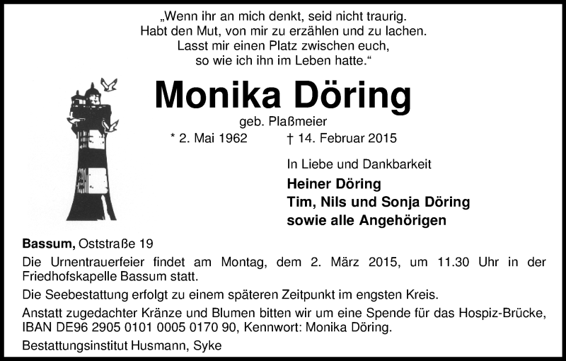 Traueranzeige von Monika Döring von WESER-KURIER