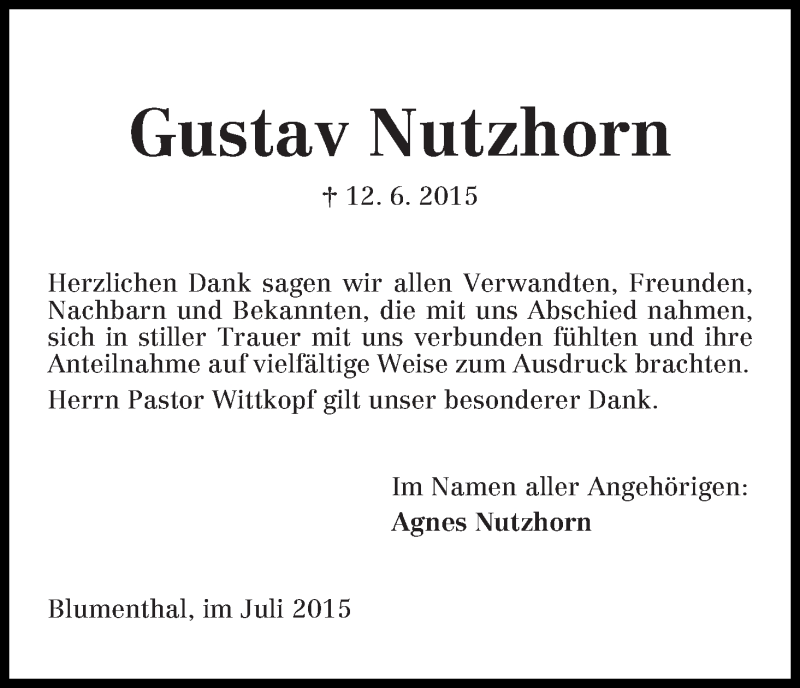 Traueranzeige von Gustav Nutzhorn von Die Norddeutsche