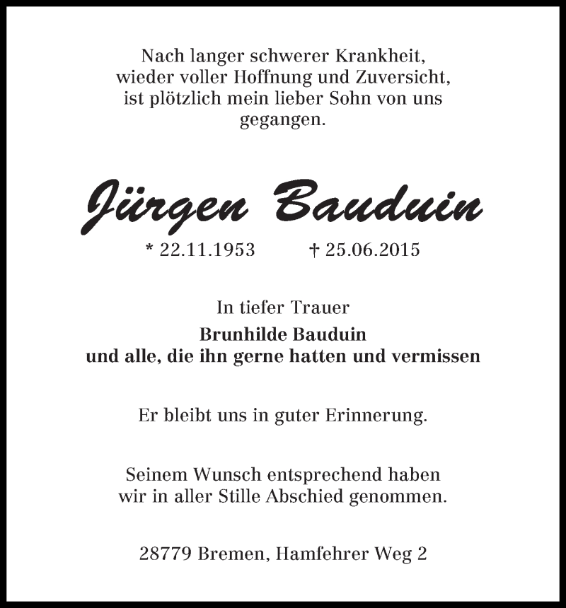 Traueranzeige von Jürgen Bauduin von Die Norddeutsche