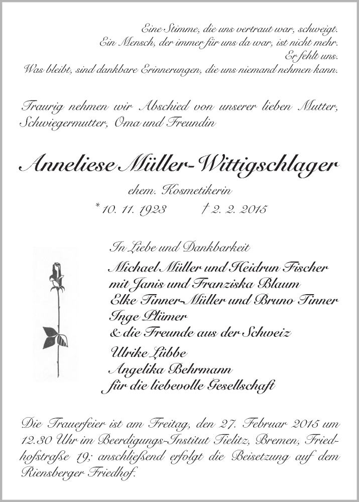 Traueranzeige von Anneliese Müller-Wittigschlager von WESER-KURIER