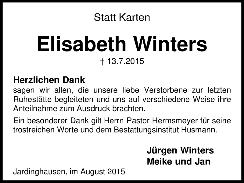Traueranzeige von Elisabeth Winters von WESER-KURIER