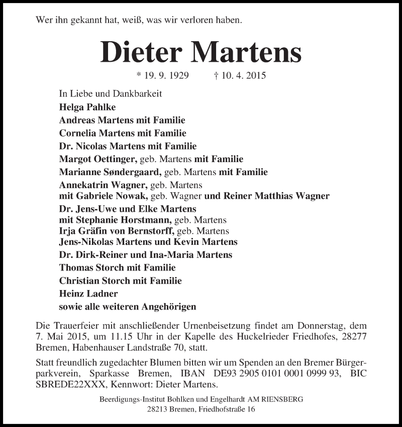 Traueranzeige von Dieter Martens von WESER-KURIER