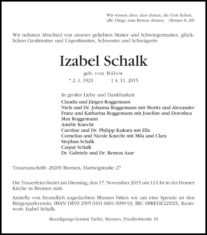 Traueranzeige von Izabel Schalk von WESER-KURIER