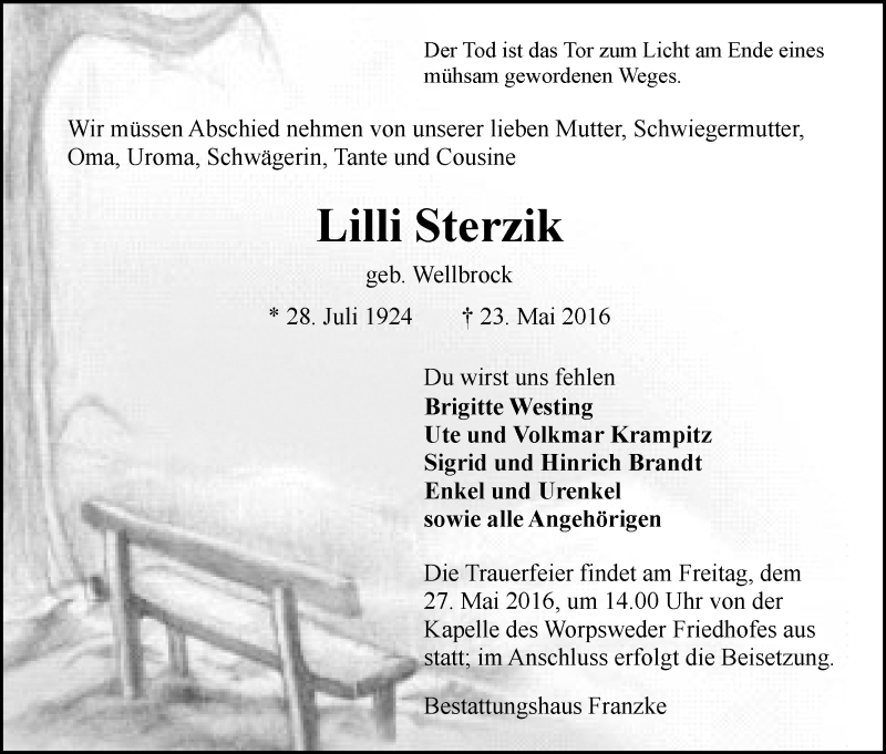Traueranzeige von Lilli Sterzik von Wuemme Zeitung