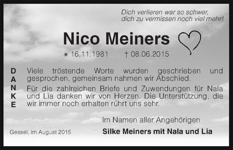 Traueranzeige von Nico Meiners von Regionale Rundschau/Syker Kurier