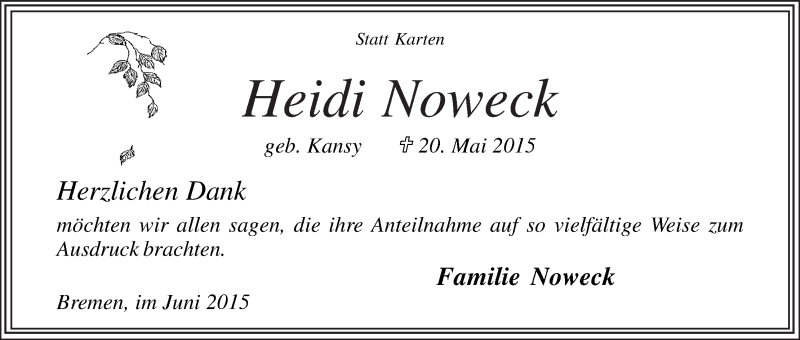 Traueranzeige von Heidi Noweck von Osterholzer Kreisblatt