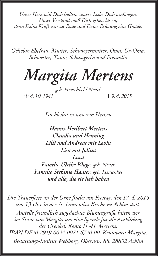 Traueranzeige von Margita Mertens von Achimer Kurier/Verdener Nachrichten
