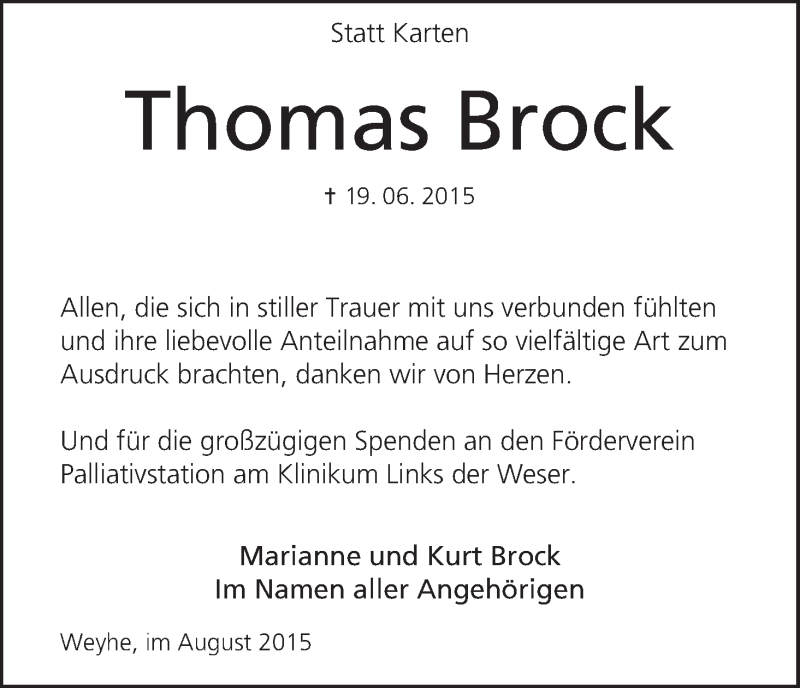 Traueranzeige von Thomas Brock von Regionale Rundschau/Syker Kurier
