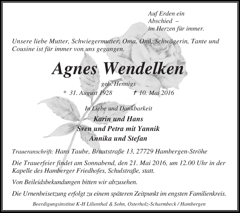 Traueranzeige von Agnes Wendelken von Osterholzer Kreisblatt